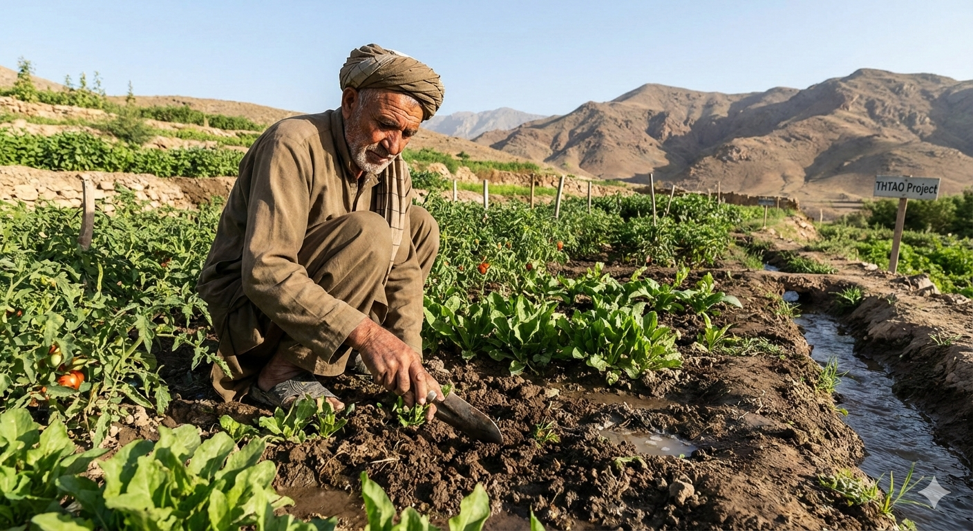 A farmer tending vegetables beside an irrigation channel