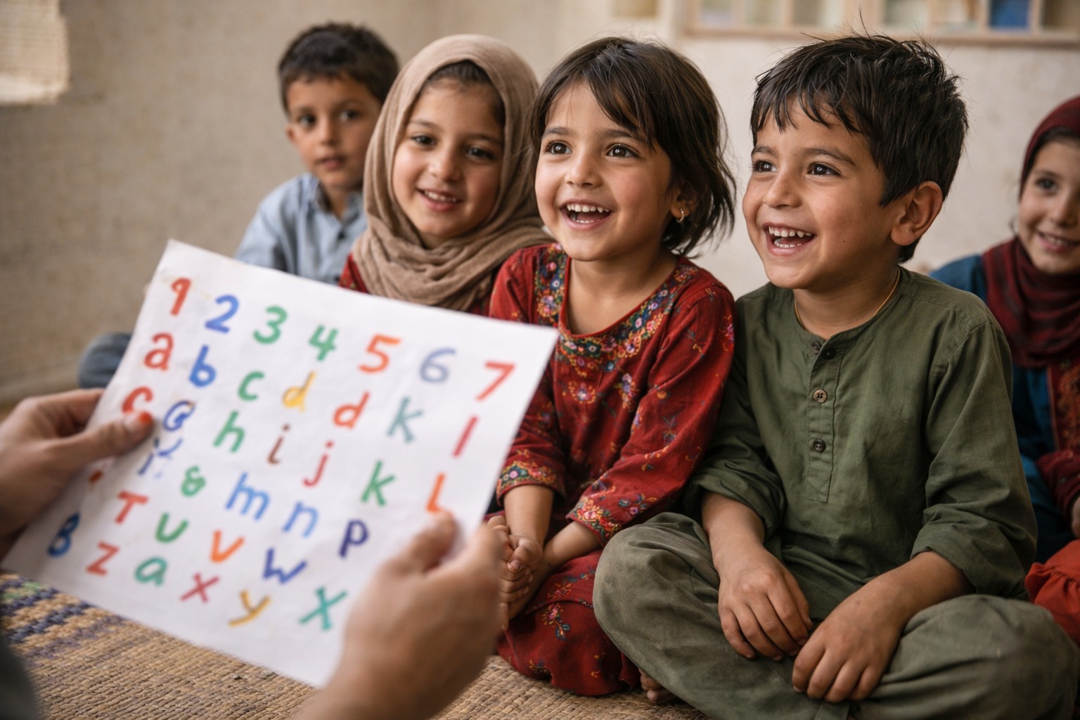 Children smiling during an alphabet and numbers lesson