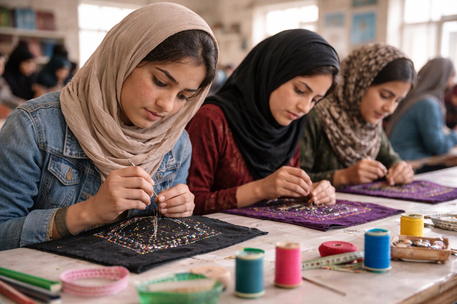 Young women learning bead embroidery